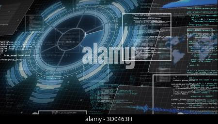 Projecting interface showing circular HUD over grid with code windows and world map silhouette Stock Photo