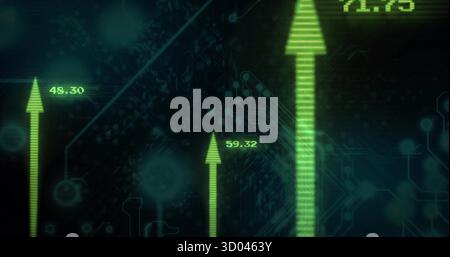 Pointing right-side glowing green arrow displaying values on panel with circuit traces, copy space Stock Photo