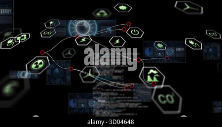 Displaying hexagonal energy cluster floating in virtual dashboard, with white lines and red nodes Stock Photo