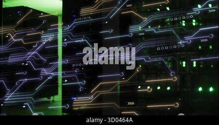 Displaying server rack cluster flashing LED lights inside data center, with network circuit overlay Stock Photo