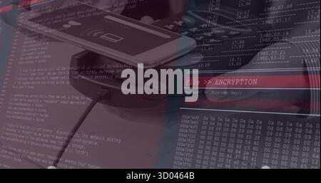 Encrypting USB flash drive connected to docking hub by cable on office desk, with code overlay Stock Photo