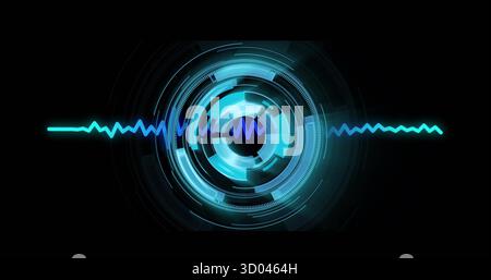 Displaying glowing segmented interface rings in virtual panel, with horizontal waveform line Stock Photo