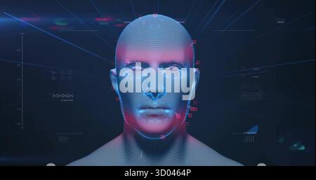 Projecting head model displaying mesh overlay and facial markers in virtual interface Stock Photo