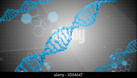 Twisting central blue DNA helix spanning virtual lab grid, with hexagonal molecular icons Stock Photo