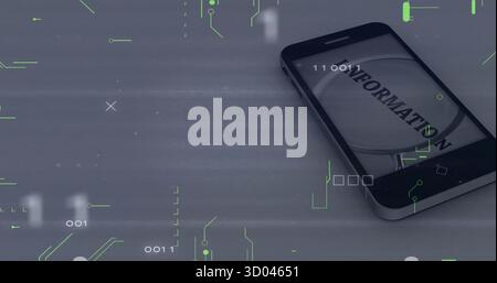 Smartphone resting on desk, showing info via magnifier with circuit and binary code, copy space Stock Photo