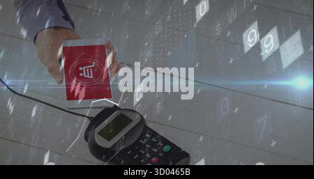 Holding shirt-sleeved hand tapping red phone against payment terminal at checkout, with binary code Stock Photo