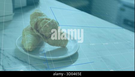 Showing white ceramic plate with two croissants on marble countertop, with faint blue grid overlay Stock Photo