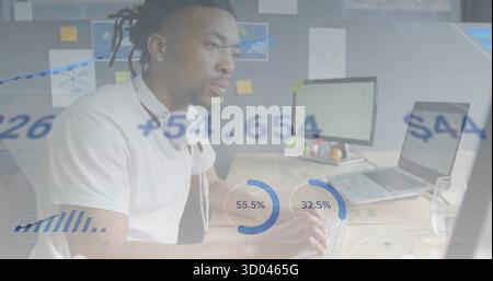 Analyzing financial charts office worker reviewing numbers on computer screen at desk, copy space Stock Photo