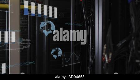 Displaying server rack cluster projecting digital UI overlays in secure data center, with cables Stock Photo