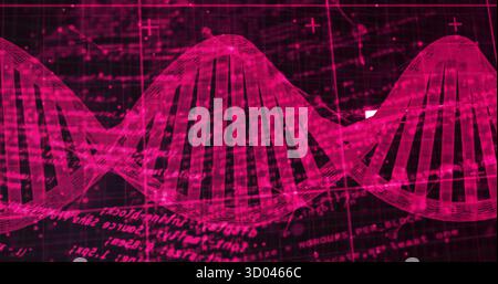 Displaying floating DNA double helix twisting over grid interface, with scrolling code annotations Stock Photo