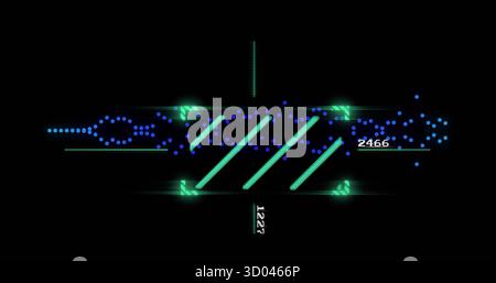 Displaying neon-green frame on screen, corner arrows, slanted bars, blue streams, labels 1227,2466 Stock Photo