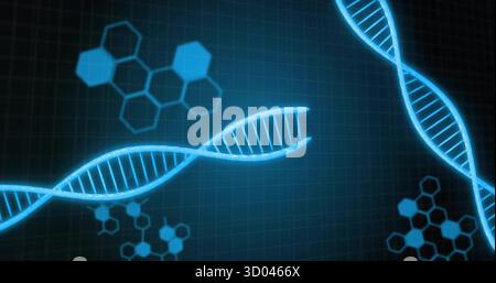 Displaying glowing blue DNA helix strands on virtual science grid, with molecular hexagon patterns Stock Photo