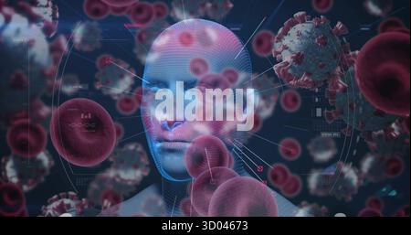 Floating mesh head displaying grid lines in virtual lab, with red blood cells and virus particles Stock Photo