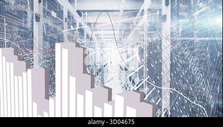 Displaying large 3D bar chart model emerging within modern data center corridor, with server racks Stock Photo