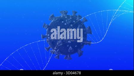 Floating 3D wireframe virus model hovering before blue backdrop, with dotted DNA double helix Stock Photo