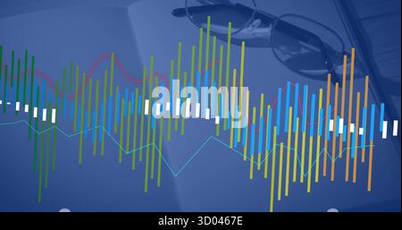 Displaying multicolored data visualization overlay on wooden desk, with open book and eyeglasses Stock Photo