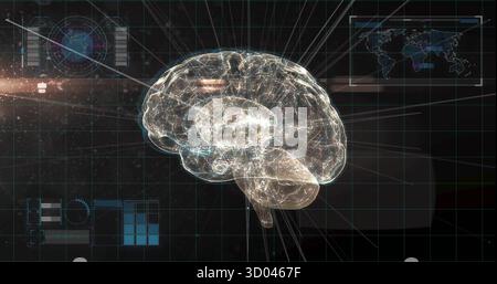 Projecting holographic brain model floating on lab display, with grid overlay and HUD elements Stock Photo