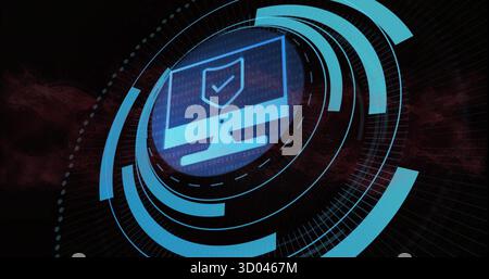 Displaying computer monitor icon showing shield and checkmark in cyberspace with binary code Stock Photo