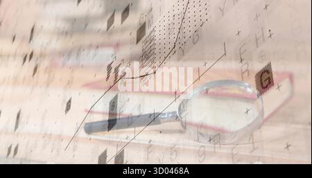 Resting magnifying glass on desk in office with glasses frame and digital overlays, copy space Stock Photo