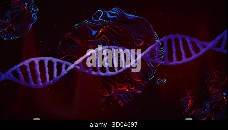 Floating glowing purple DNA double helix strand in visualization space, with neon wave shapes Stock Photo