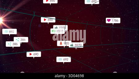 Floating cluster of notification icons glowing in 3D network space, with grid lines and lens flare Stock Photo