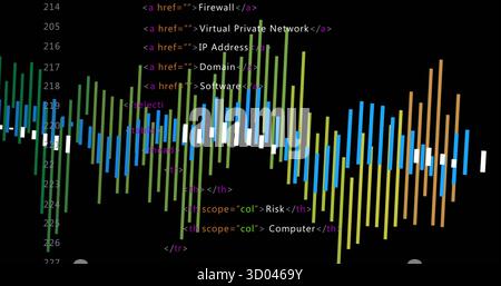 Displaying waveform bars, HTML code on code editor with anchor tags, line numbers and table headers Stock Photo