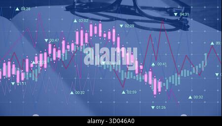 Displaying trading chart overlay showing pink candles and teal histograms on desk with eyeglasses Stock Photo