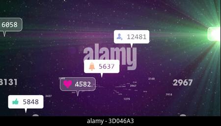 Floating social media icons displaying numeric counters in purple starfield, with green lens flare Stock Photo