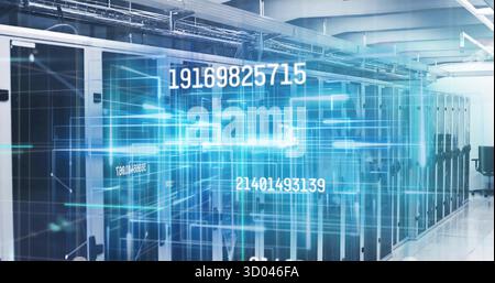 Showing server rack featuring LED lights and overhead cables in server room, with code overlay Stock Photo