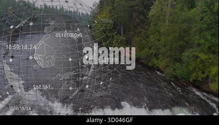Displaying wireframe globe mesh overlaying river gorge, with data nodes, hiker in red, copy space Stock Photo