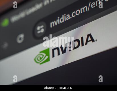 18 October 2025 - Tashkent, Uzbekistan: A close-up view of the NVIDIA logo displayed on a computer screen, showcasing the brand's iconic design and colors. Stock Photo