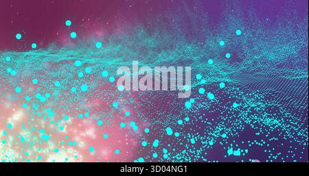Forming turquoise waves and dot clusters in digital space with pink peach glow and purple backdrop Stock Photo