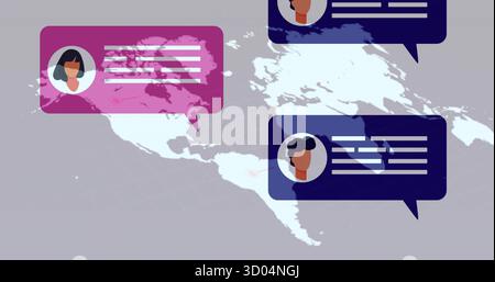 Displaying three chat bubbles with avatars, text lines over grid world map showing global messaging Stock Photo