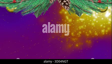 Pine cones nestling among holly leaves and candy-canes on banner, with golden baubles, red berries Stock Photo