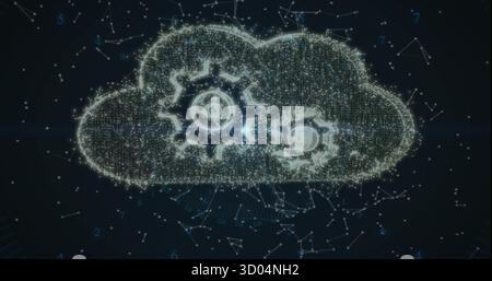 Digital cloud shape forming in data network interface, with glowing data points and gear icons Stock Photo