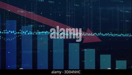 Indicating negative trend red arrow slanting down on finance dashboard, with bars and data points Stock Photo