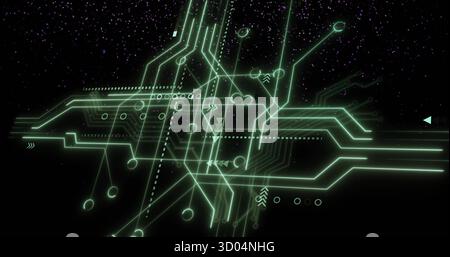 Displaying neon green glowing circuit network floating in space, with dashed lines, nodes, arrows Stock Photo