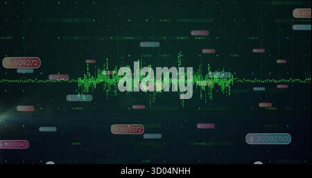 Displaying green waveform pulsing across interface, with floating numeric labels and particles Stock Photo