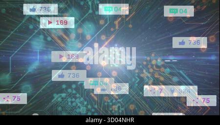Radiating circuit board in digital interface, displaying panels with thumbs-up and play icons Stock Photo