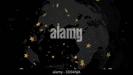 Displaying dotted globe silhouette floating on dark grid, featuring gold stars and code fragments Stock Photo