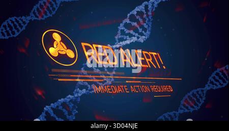 Displaying bold orange RED ALERT text, hazard icon with status bar on HUD, with DNA helix Stock Photo