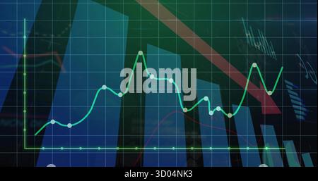 Displaying financial chart on dark grid dashboard, with blue bars, green line, red downward arrow Stock Photo