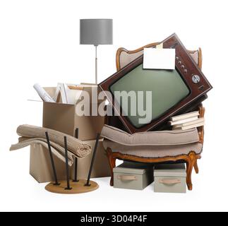 Garage sale. Different used stuff isolated on white Stock Photo