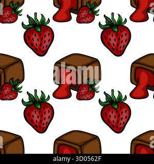 Charming vector pattern featuring a delightful combination of rich chocolate cubes with flowing strawberry filling and vibrant fresh strawberries. Stock Vector