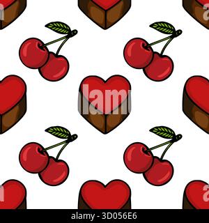 Whimsical seamless vector pattern featuring heart-shaped chocolates and ripe cherries with green leaves, ideal for confectionery branding and dessert- Stock Vector