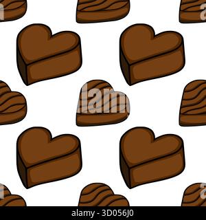 Seamless vector pattern of stylized dark chocolate heart-shaped candies with wavy surface details on a white background. Stock Vector