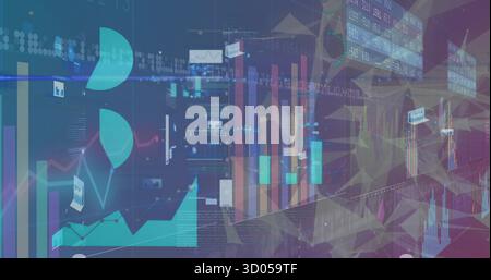 Displaying dashboard showing bar and pie charts, line graphs, data panels, mesh over gradient Stock Photo