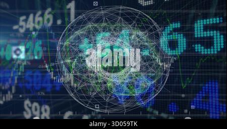Displaying 3D wireframe sphere rotating on trading interface, with candlestick charts and tickers Stock Photo