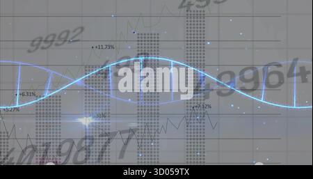 Displaying neon-blue waveform oscillating over gray grid, with dotted bars, line, percents, numbers Stock Photo