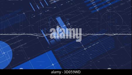 Displaying white waveform line moving across screen, with panels, grid lines, charts, text blocks Stock Photo